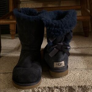 UGG Navy Suede Short Boots with Shearling and Bow Accent